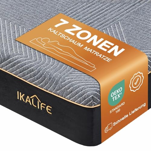 IKALIFE 7-Zonen Matratze Kaltschaum Kaltschaummatratze 90 x 200 cm, Gel Memory Foam Mattress, H3 Mittelfest Super Weich, 20 cm Hoch, Oeko-TEX 100 Zertifiziert, Atmungsaktive Rollmatratze, Schwarz