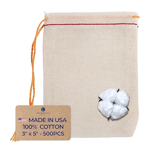 Celestial Gifts Muslin Bags - Drawstring Bags Small 500pcs - 3x5, Reusable Tea Bags, Jewelry Gift, Spice and Cotton Gift Sachet Bags - 100% Cotton - Made in USA - (Red Hem & Orange Drawstring)