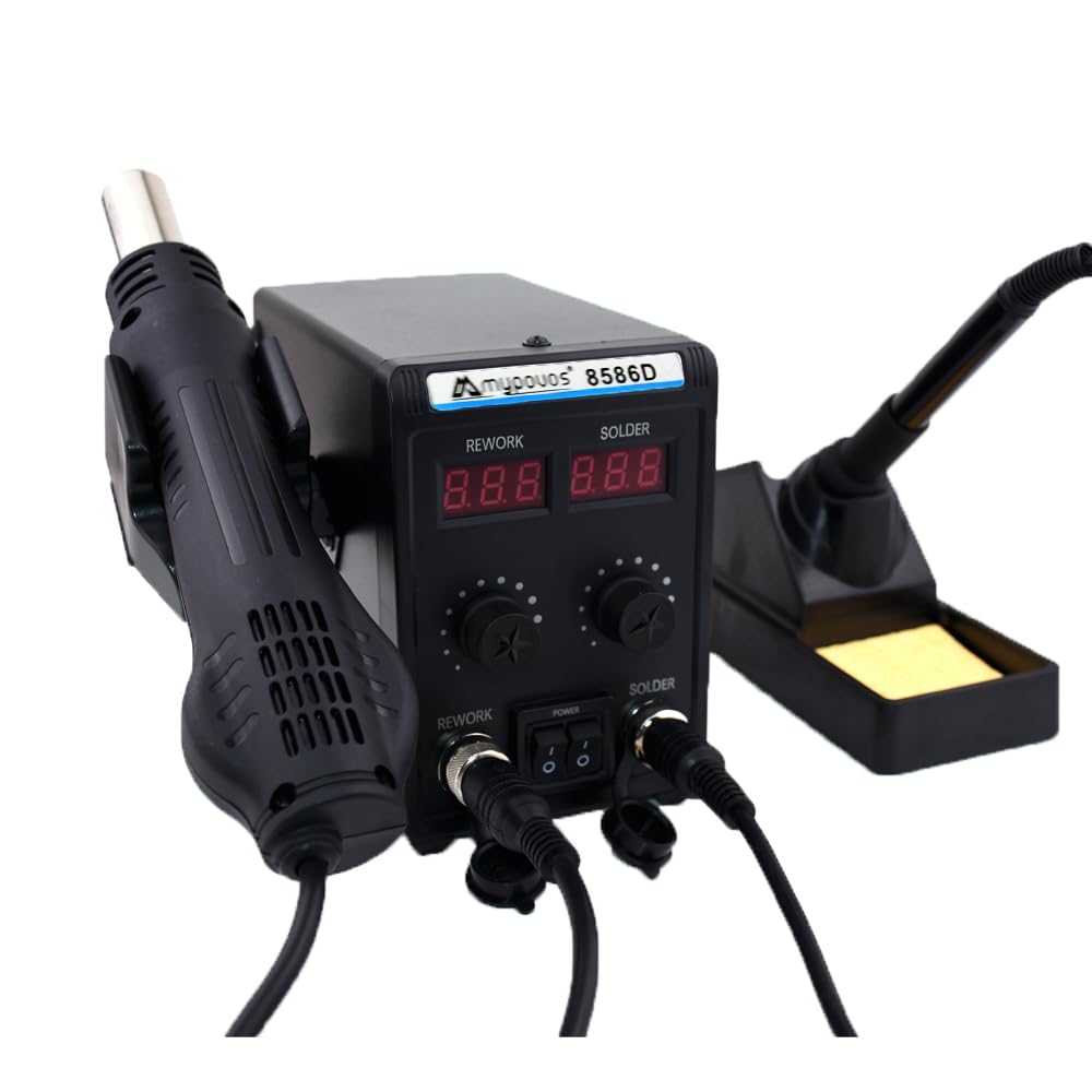 MYPOUOS 8586D - Stazione di saldatura a 110 V, display LCD 2 in 1, display digitale Dual SMD Stazione di rilavorazione a pistola ad aria calda e saldatore, 750 W