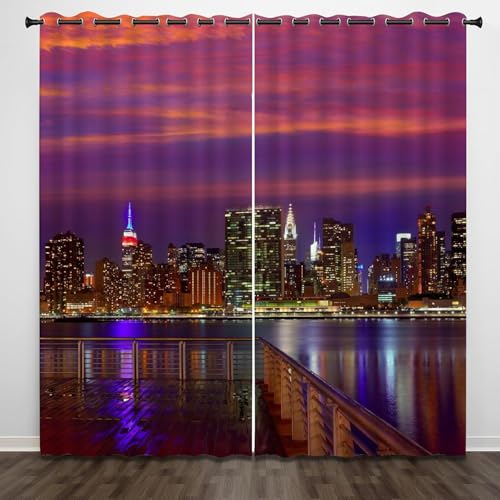 Cortinas Opacas Nueva York Cortinas Térmicas Aislantes con Ojales 2 Piezas 3D Vista Nocturna de la Ciudad Cortina Blackout para Dormitorios y Salones con Ventanas de Altura Media 2X 110x215 cm A/3416
