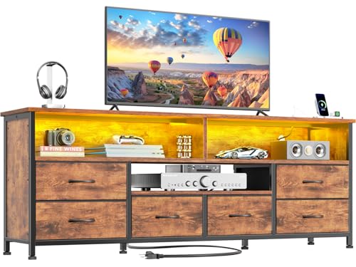 Image of Furologee TV Stand for Bedroom, 63 Inch Entertainment Center for 65 70 Inch TVs, 6 Drawers Dresser with Power Outlets and LED Lights, Media Console for Living Room, Rustic Brown
