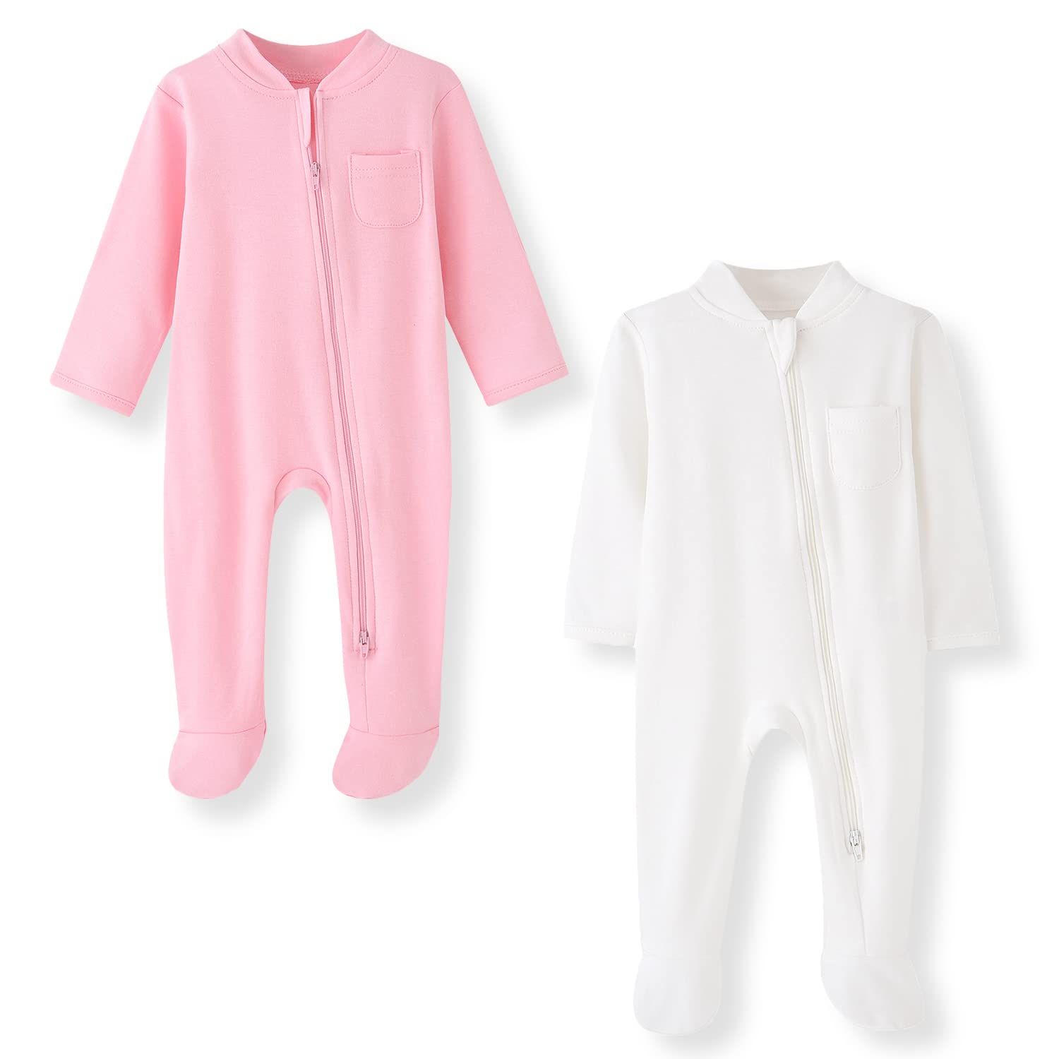 BINIDUCKLING Baby Boys Girls Double Zip Up Sleepsuit - Two-Way Zipper, Baby Footed Pajamas with Mitten Cuffs - Cotton Long Sleeve Onesie for Baby Grows Newborn-12 Month, Pack of 2