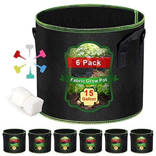 MEKOLIFE Grow Bags-15 Gallon Garden Plant Bags with Handles Thickened Nonwoven Fabric Aeration Planting Pots Vegetable Gardening Fabric pots with Plant Tags & Seedling Bags(6Pack Potato Grow Bags)