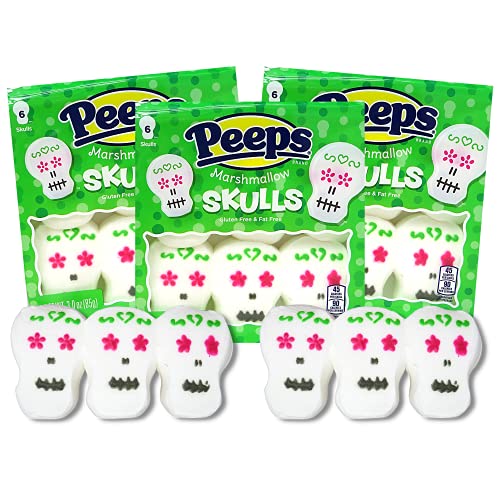 Peeps Marshmallow Candy Day of the Dead Sugar Skull Halloween Peep Marshmallows Party Favors, Cupcake, Cake, Brownie or Dessert Topper Decorations, Pack of 3, 6 Skulls in Each
