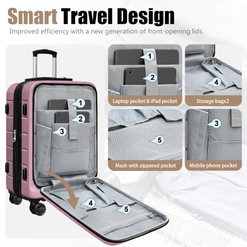 Image of KEYTANG SmileLine 3-Piece Luggage Set Lightweight Hardside Suitcase TSA Lock Spinner Wheels, 20 inch Expandable Carry-On Luggage with Quick Access Front Open Pocket, Bonus Makeup Bag,Pink