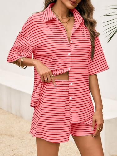 Image of Tankaneo Womens Striped 2 Piece Sets Short Sleeve Lounge Set | Button Down, Waffle Knit, Pajama Lounge Set, Summer Outfits