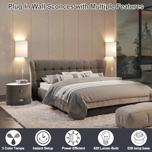 Image of Plug in Wall Sconces Set of Two: Wall Lights with On /Off Switch - Stepless Color Temperature Wall Mount Lamps - Fabric Linen Wall Sconce for Bedroom Living Room & Hallway- Indoor Corded Wall Sconces