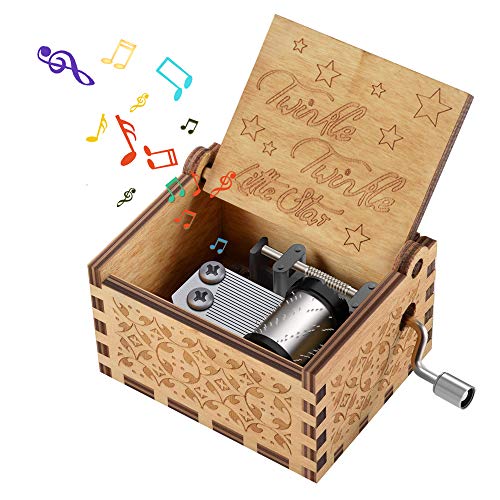 Kids Wooden Music Box Toy for Toddlers, Hand Cranked Engraved Music Gift