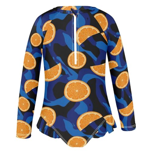 Orange Slices Blue Background Girls Rash Guard Swimsuits Long Sleeve One Pieces Bathing Suit UPF 50+ Zipper Swimwear2