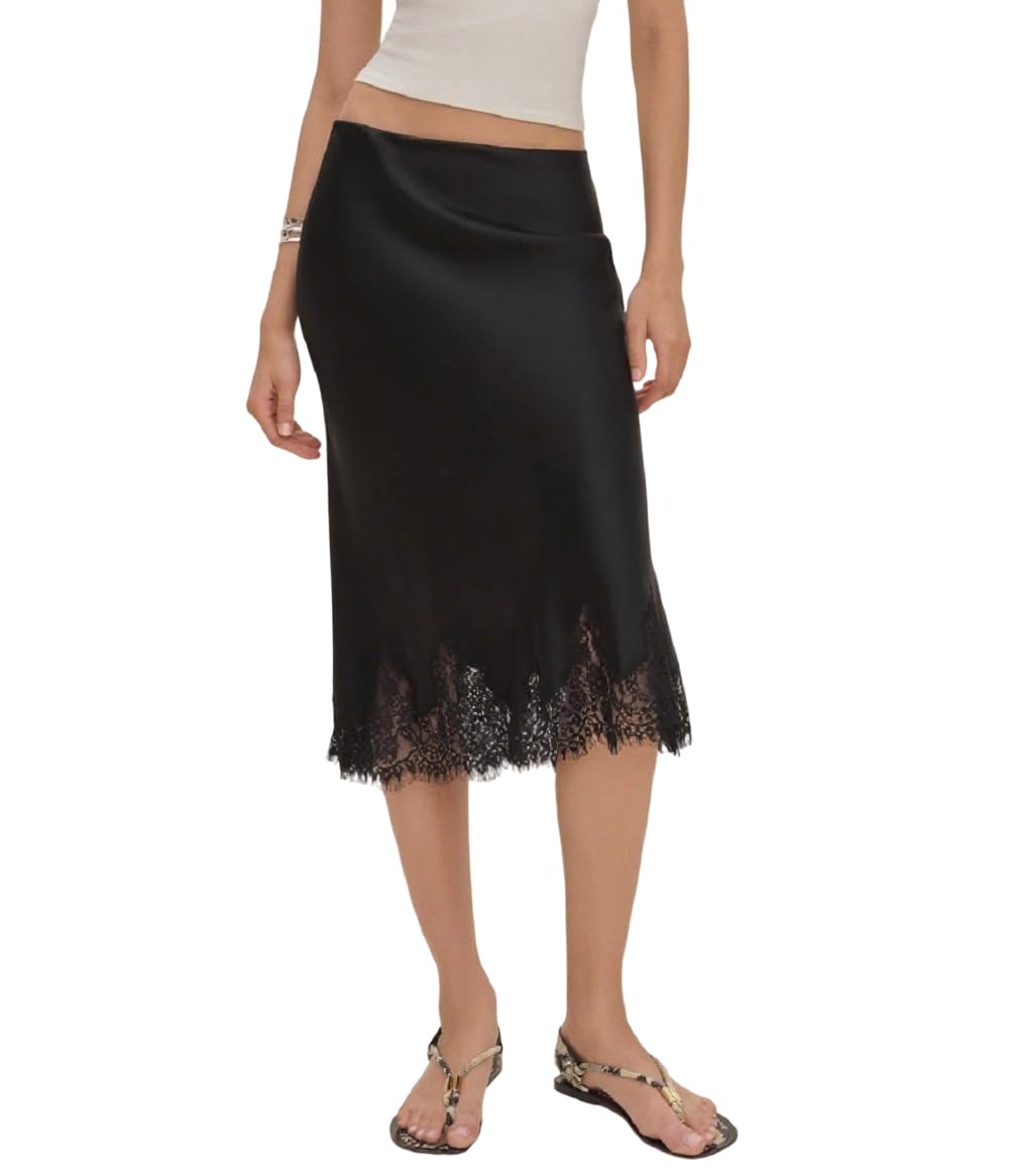 Faymlc Women Lace Trim Long Satin Skirt Silk Midi Slip Skirt Elegant Flowy A-Line Midi Skirts (Black, M)