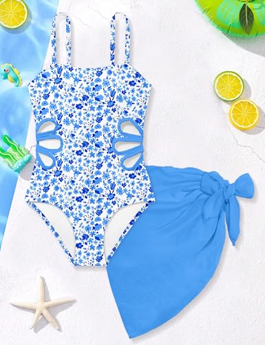 Image of Girls Swimsuit Adjustable Straps Cut Out One Piece Bathing Suit with Solid Color Cover Up Skirt Girls' Swimwear 5-16Y