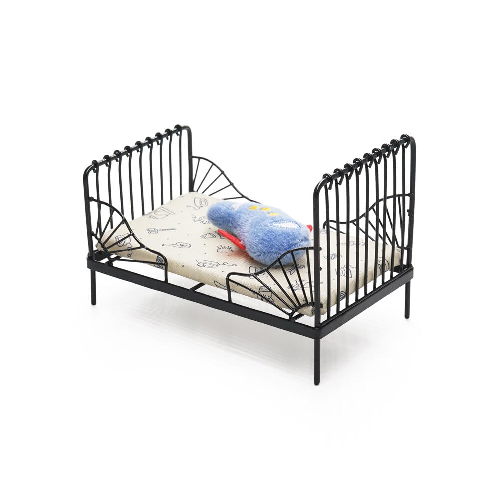 Odoria 1/12 Scale Dolls House Miniature Single Iron Bed Dollhouse Bedroom Furniture Accessories, Black