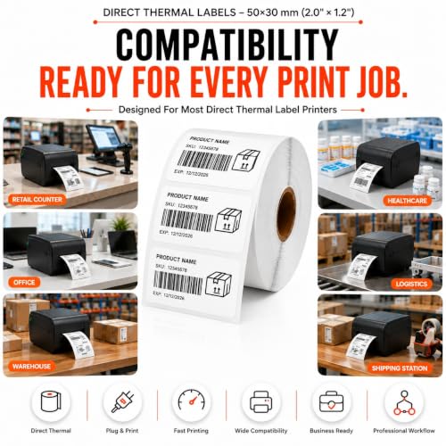 Image of Shreyans Direct Thermal Labels (Pack of 18, 50mm x 30mm - 400 Labels /Roll) - Non Tearable, Water Proof & Non Fade with Permanent Marking - 7200 Labels
