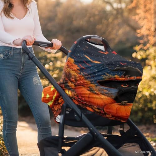 Image of Wanyint Baby Car Seat Cover Car Seat Canopy for Babies Boys Girls, Multi-Use Infant Breastfeeding Covers Nursing Scarf Halloween Decoration, Black Cat Witch Pumpkin Bat