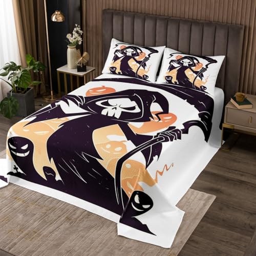 Manfei Cartoon Halloween Ghost Quilts Set,Gothic Skull Witch 2Pcs Bedspread Bedding Set,Kids Teens Trick or Treat Bed Cover Set,Black White Orange Bedspread Coverlet with 1 Pillowshams (Twin Size)