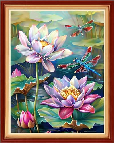 Image of Findvoor Stamped Cross Stitch Kits for Beginners Full Range of Cross Stitching Embroidery Pattern for Adults, 11CT DIY Needlepoint Embroidery Starter Kits-Lotus Dragonfly 16x20 inch