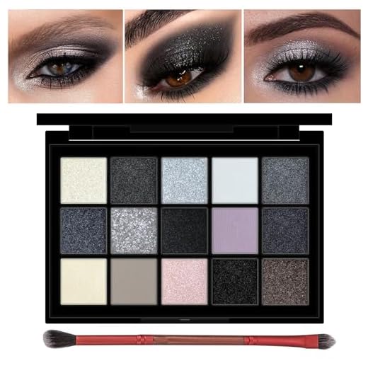 Erinde Palette de fards à paupières noir fumé, noir mat à paillettes, gris gothique, en 15 couleurs, imperméable et longue durée (1 pinceau)