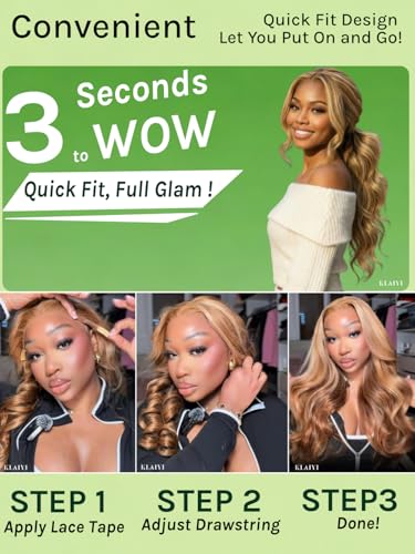 Image of KLAIYI Bye Bye Slip Honey Blonde Highlight Body Wave Pre Everything Glueless 13x4Ear to Ear Lace Frontal Wigs Human Hair Drawstring Ombre Pre Plucked Bleached Knots 3S Ready to Wear and Go Wig 20Inch
