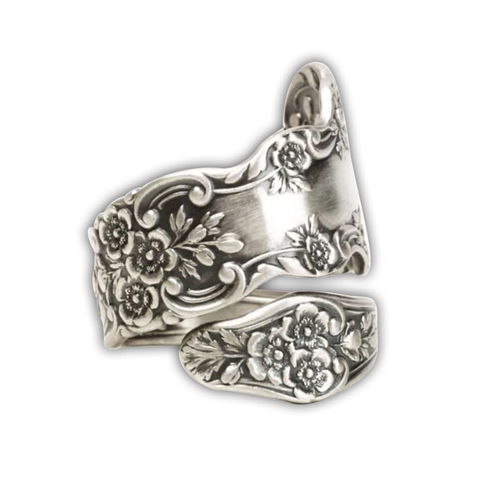 OIDIMSVintage Flowers Spoon Rings Promise Wedding Engagement Statement Boho Circling Rose Flower Cluster Finger Open Ring Adjustable Extendable Wrap Bands for Women Men Retro Jewelry
