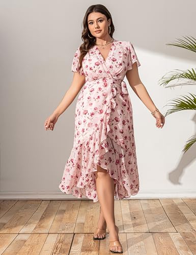 Women’s 2025 Floral Summer Dress Wrap V Neck Plus Size Boho Belted Ruffle Hem Flowy Maxi Dresses4