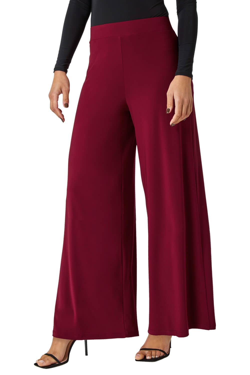 Roman Originals Women's Wine Wide Leg Trousers For Uk Palazzo Pants Evening Jersey Elasticated High Waist Smart Flared Culotte Office Work Going Out Loose Crepe Bottoms - Size 16