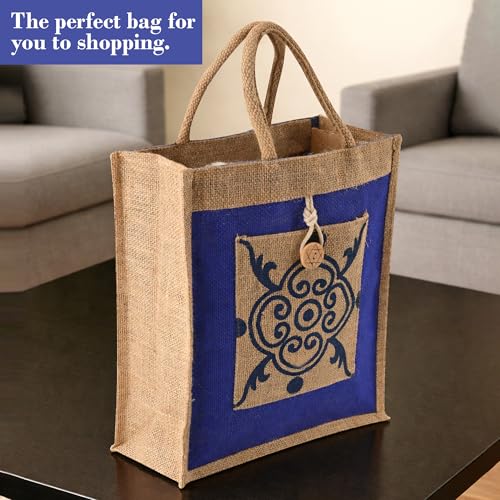 Image of Kuber Industries 3 Pcs Jute Medium Shopping Bag for Women with Handle | Reusable Carry /Shopping Bag for Grocery | Flower Design - Brown & Blue