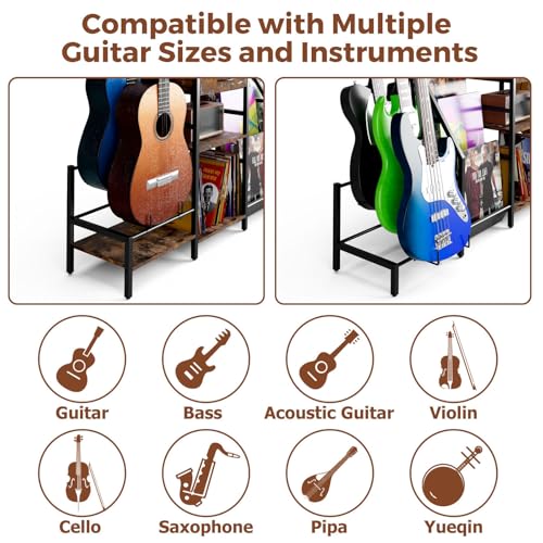 Kikihouse Guitar Stand for Multiple Guitars, Multi Guitar Stand with Amp Shelf and Vinyl Record Storage, Guitar Rack for Acoustic, Electric, Bass & Ukulele Heavy Duty Music Studio Organizer