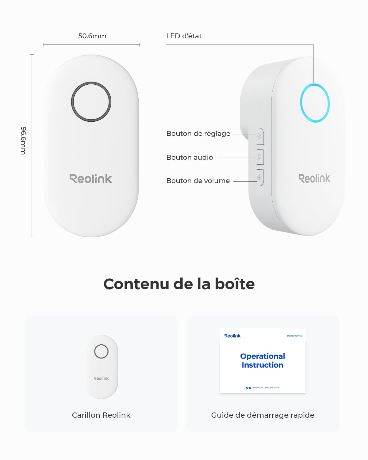 Reolink Carillon Numérique, Uniquement Compatible avec Sonnette Vidéo WiFi/PoE V2+, Fonctionne avec la Batterie de Sonnette, Plug & Play, Contrôle à Distance Via l'app
