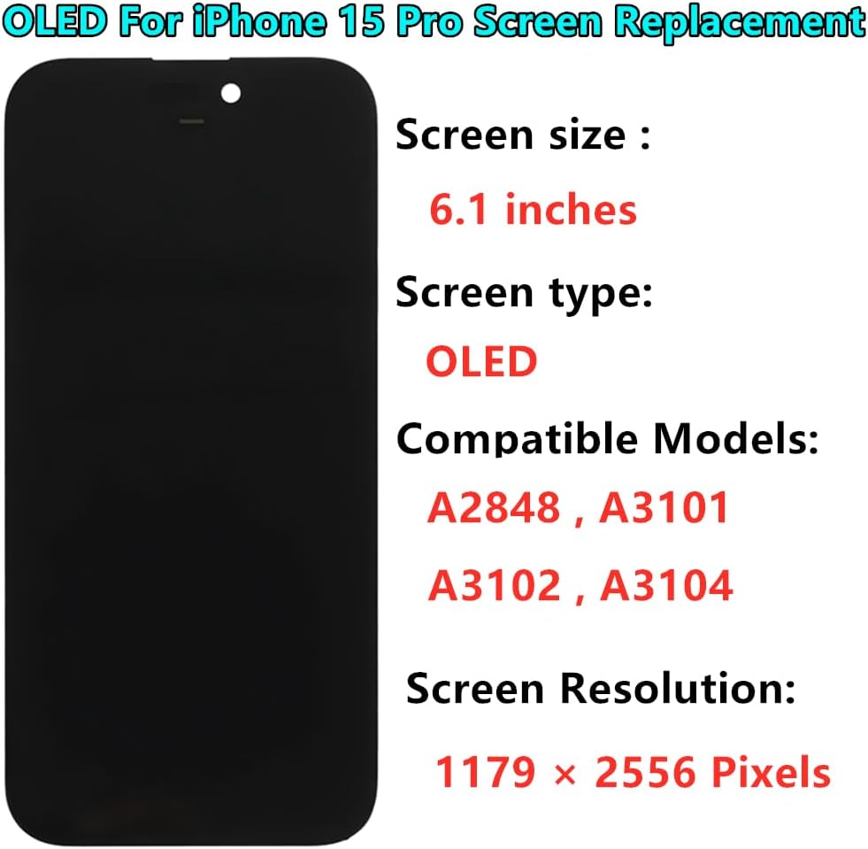 OLED for iPhone 15 Pro Screen Replacement Kit [Soft OLED,NOT LCD] 6.1'' Full HD Display 3D Touch Digitizer Assembly A2848 A3101 A3102 A3104 with Repair Tools and Waterproof sealant