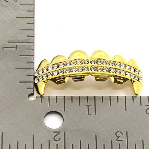 Gold Clear 2 Row Iced Out Vampire Grillz Set Top & Bottom Hip Hop Bling Grillz #TOP3