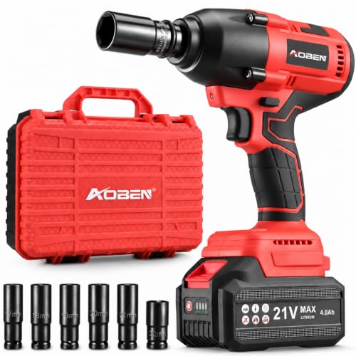 AOBEN Cordless Impact Wrench 1/2 Inch, Power Impact Gun Kit, Max 600N. M/450Ft-lbs High Torque Electric Impact Driver for Car RV Tire, 4.0Ah Battery, Charger, 6 Sockets & Storage Tool Case