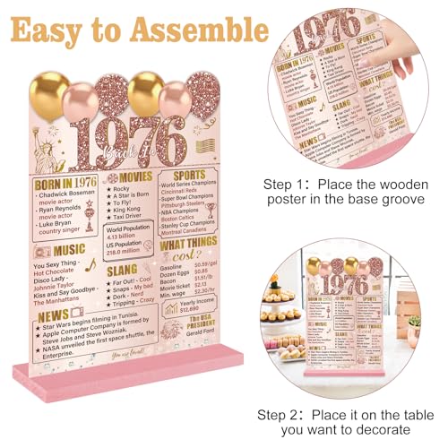 Image of Guiruiy Pink Rose Gold 50th Birthday Decorations for Women, Two-Sided Vintage 50 Back in 1976 Theme Poster Wooden Table Sign with Stand, Fifty Years Old Bday Centerpieces Holder for Table Decor