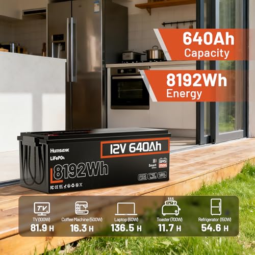 Image of HumsiENK 12V 640Ah LiFePO4 Lithium Battery Bluetooth, 250A BMS, 15000+ Cycles 600Ah+ LiFePO4 Battery, IP65 & Low Temp Protection, Max. 8192Wh Output Perfect for Off-Grid, Home Backup, Solar Energy