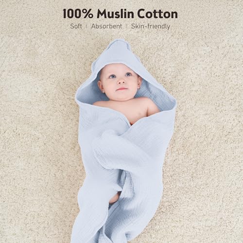 Image of Susurration Hooded Baby Towels for Newborn 2 Pack 100% Muslin Cotton Towel for Babies，Highly Absorbent and Newborn Essential 30x30 Inch Light Blue&Royal Blue