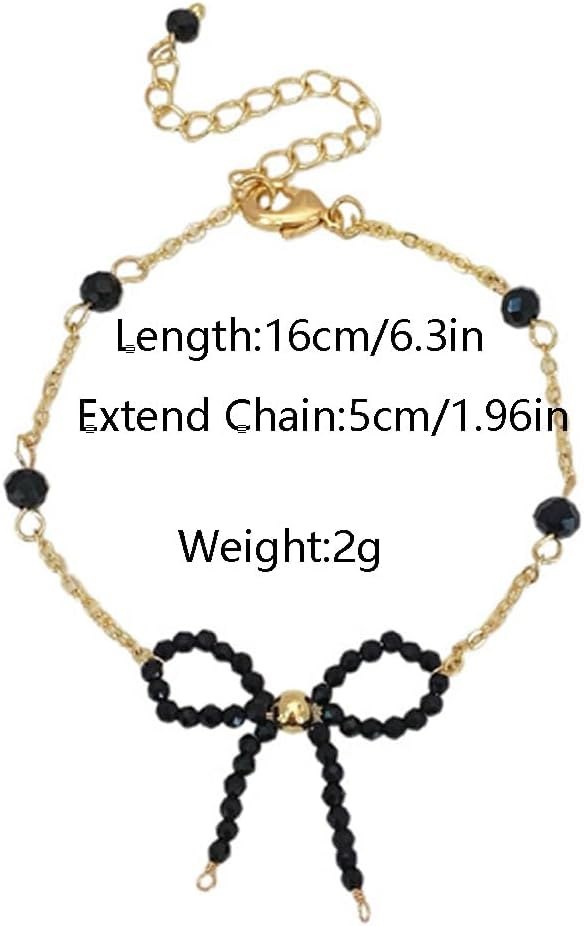 Kokoma Black Bow Bracelet for Women Crystal Bead Beaded Bowtie Bracelets Vintage Ribbon Knot Adjustable Stacking Link Chain Jewelry - Image 5