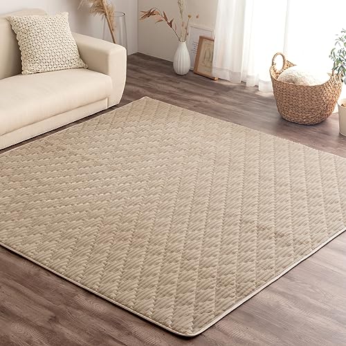 ぼん家具 ラグ 洗える 2畳 滑り止め付き カーペット 190×190cm フランネル生地 ダイヤキルト 防ダニ ホットカーペット対応 ベージュ