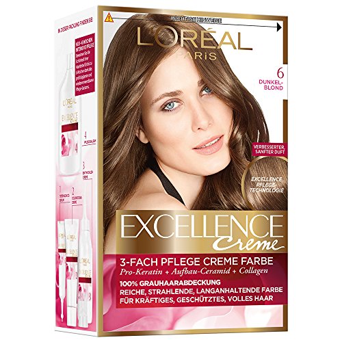 L'Oréal Paris Permanente Haarfarbe, 100 Prozent Grauhaarabdeckung, Haarfärbeset mit Coloration, Shampoo und 3-Fach Pflege Creme Farbe, Excellence Crème 6 Dunkelblond