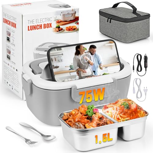 Carastek 80W Fiambrera Eléctrica 3 en 1 Calentador de Comida Portatil 12V 24V 220V para Coche Camión y Trabajo Fiambrera Termica Termo Comida Caliente Acero Inoxidable 1.5L Tartera Eléctrica Portatil