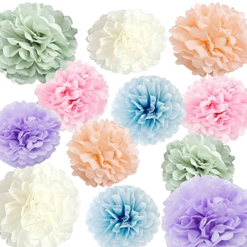 Image of Pastel Rainbow Party Decorations in Colorful Tissue Paper Pom Poms Blush Pink Purple Peach Mint Light Blue Baby Bridal Shower Decorations (Macaron)