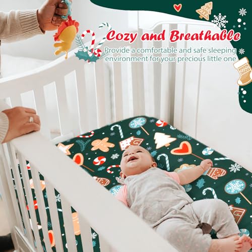 Image of JISEN Christmas Crib Sheet Gingerbread Fitted Crib Sheet for Boys Girls Crib Mattress Cover Baby Sheet for Standard Crib and Toddler Mattress Soft Breathable Baby Bed Sheet for Neutral 52x28 Inch