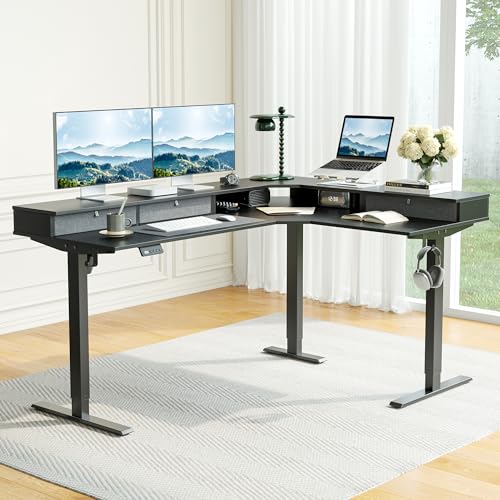 Image of CubiCubi L Shaped Standing Desk with Drawers 63 x 48 Inch Adjustable Height, Electric Corner Desk with Storage, Sit Stand Home Office Desk with Splice Board, Black