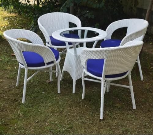 Image of India 4+1 Outdoor Indoor Patio Furniture Sets Rattan Chair Patio Set Conversation Bistro SetChairs Balcony Outdoor Garden Furniture Chair (White and Blue Cushion)
