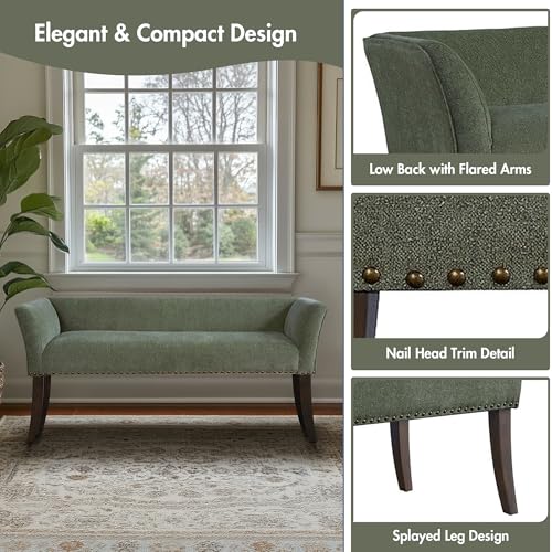 Image of Madison Park Accent Bench, Plush Upholstered, Nailhead Trim, & Padded Seat Entryway Bench Small, End of Bed Bench with Back, 49.5 inch W x 19.25 inch D x 23 inch H, Green