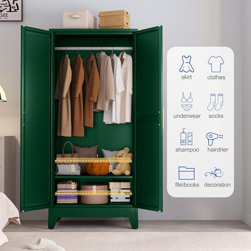 Image of GAIOUS Metal Wardrobe Cabinet with Mirror and Hanging Rod, 71 inch Green