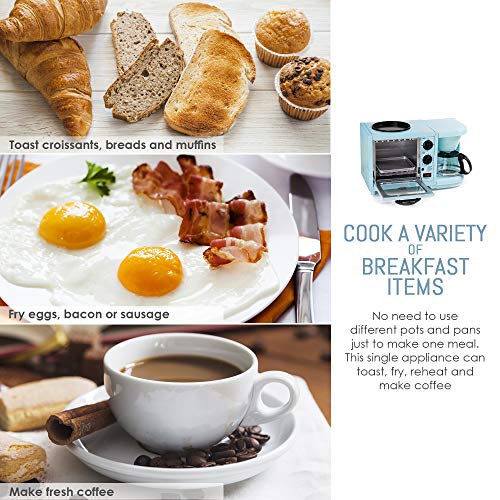 Elite Gourmet Retro Nostalgia 3-in-1 Breakfast Maker Station 4 Cup Coffeemaker, Toaster Oven with Timer, Griddle, Aqua