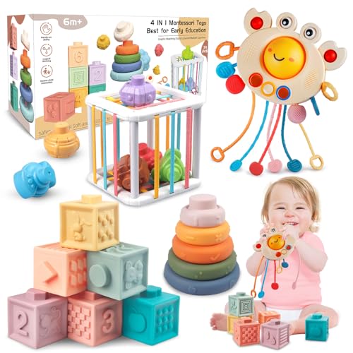 Image of Plunack 4-in-1 Baby Toys for 6-12 Months, Montessori Soft Stacking Blocks for Babies, Infants Teething Toys, Sensory Balls and Educational Learning Set for Toddlers (Boys & Girls)