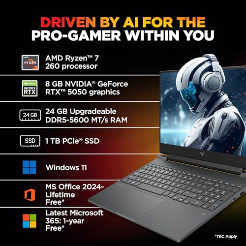 Image of HP Victus, AMD Ryzen 7 260, 8GB RTX 5050 Gaming Laptop,(24GB DDR5,1TB SSD) 144Hz,IPS,300 nits,15.6'(39.6cm) FHD, Win11,M365 Basic(1 year) Office24, Mica Silver, 2.29kg, RGB, Enhanced cooling, fb3185AX