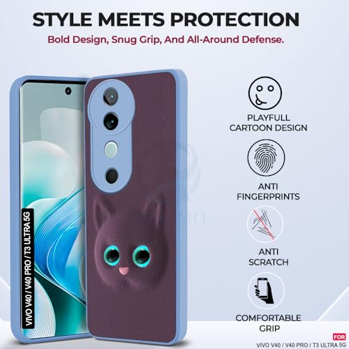 Image of AESTMO Back Case Cover for Vivo V40 / V40 Pro / T3 Ultra 5G Back Cover | 3D Cat Cover | Leather Finish | Full Body Protection | Camera Protection Back Cover (Purple)