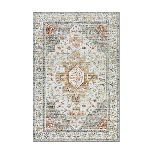 Moynesa Ultra-Thin Washable Area Rug - 4x6 Vintage Living Room Rugs Non-Shed Non Slip, Oriental Low Pile Indoor Accent Floor Carpet for Bathroom Bedroom Laundry Mudroom Entrance, Beige/Gold