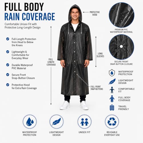 Image of OTOROYS Waterproof Long Rain Coat with Hood for Men, Women, Boys & Girls | Universal Full Length Reusable PVC Raincoat | Lightweight Portable Rain Ware for Bike Riding, Travel & Outdoor, Black